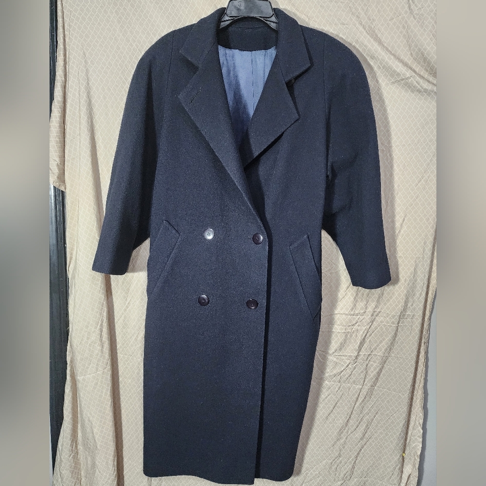 Vintage London Fog Tempo Europa Women's Blue 100% Wool Trench Coat Size 4 Petite